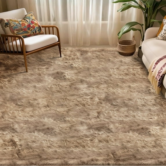 Jingle bears Fluffy Shag Rug 6x9 Faux Sheepskin Fur Rug for Living Room Bedroom Fuzzy Furry Plush Washable Rug Light Brown Rectangle
