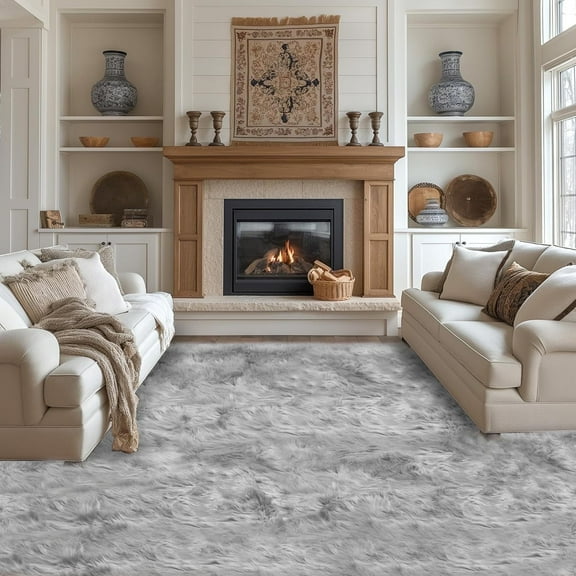 Jingle bears Rug 8x10 Large Area Rug Fluffy Faux Sheepskin Fur Rug for Living Room Bedroom Furry Fur Rug Gray Rectangle
