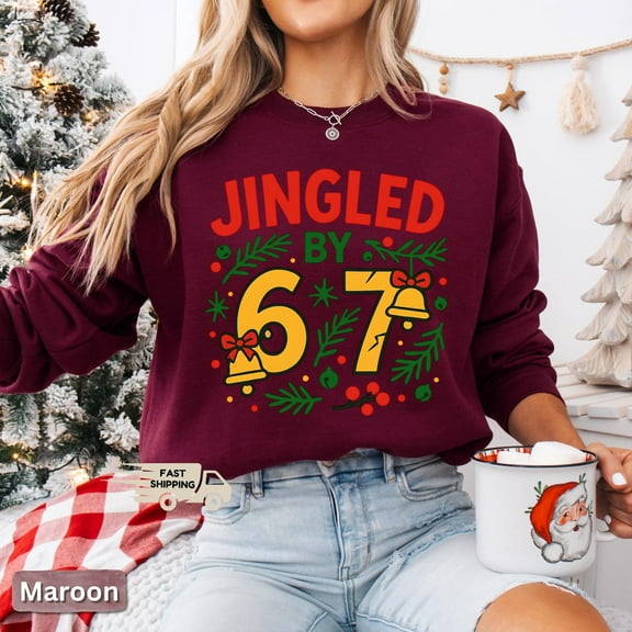 Jingled by 6 7 Christmas Sweatshirt, Funny Viral Holiday Meme Sweater, Trendy Six Seven Christmas Pullover