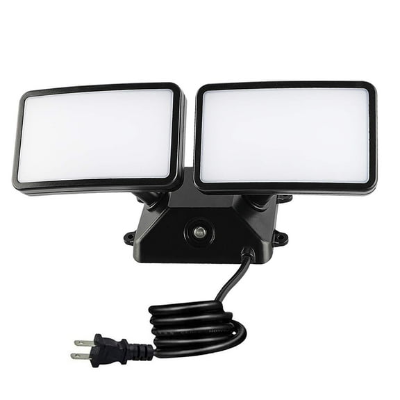JingliCo Dusk to Dawn LED Security Light,18W Plug in Flood Light Outdoor,5000k Daylight,1600lm, IP55 Waterproof,Adjustable 2 Heads Wall Light for Garage, Porch, Yard, Black,Street