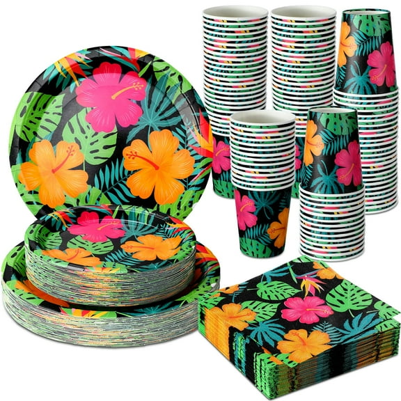 Jingmore 200 Pcs Tropical Nights Hawaiian Aloha Party Supplies Serve 50 Guests Luau Paper Plates Cups Napkins for Summer Beach Tableware Pool Party Y101