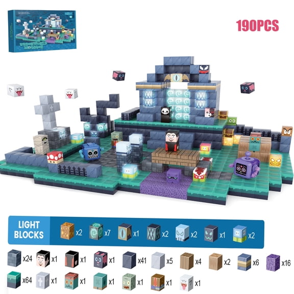 190 PCS Magnetic Building Blocks Set with 17 Light-Up Cubes, Fantasy Monster Adventure Construction Toy, STEM Learning Building Kit with Figures, Educational Gift for Boys Girls Ages 3+