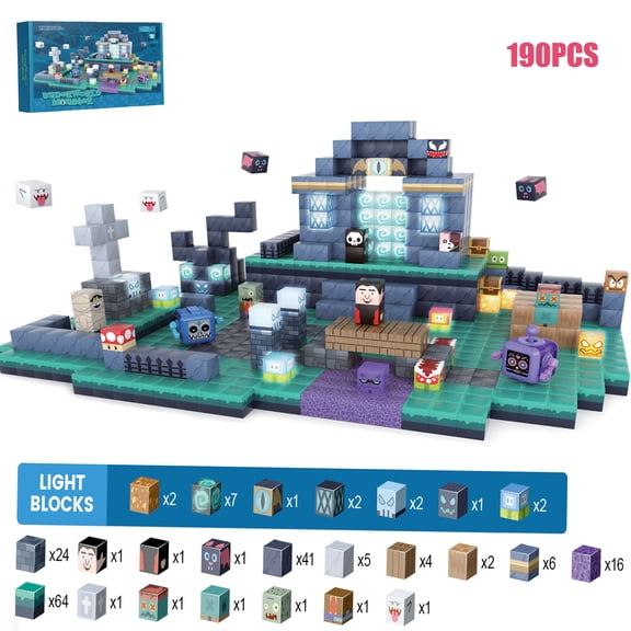 190 PCS Magnetic Building Blocks Set with 17 Light-Up Cubes, Fantasy Monster Adventure Construction Toy, STEM Learning Building Kit with Figures, Educational Gift for Boys Girls Ages 3+
