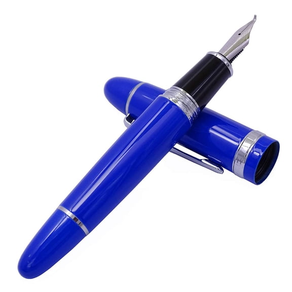 Jinhao 159 Fountain Pen, Fude Pen Bent Nib, Blue Lacquer Silver Trim Big Heavy Pen with Pouch and Ink Converter