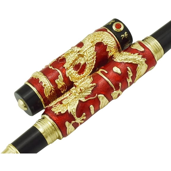 Jinhao Cloisonne Enamel Fountain Pen Extra Fine Nib Red Dragon Chinese Style Handcraft for Signature and Collection