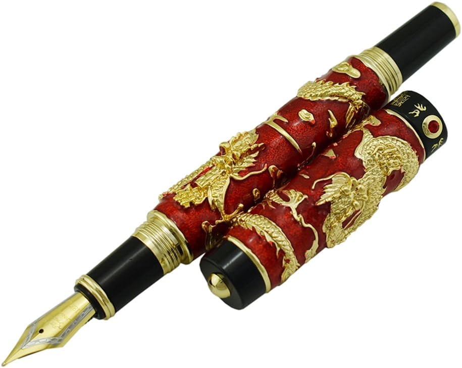 Jinhao Chinese Cloisonné Fountain Pen - Blue Double Dragon Enamel Handcrafted, Medium Nib, With Wooden Gift Box