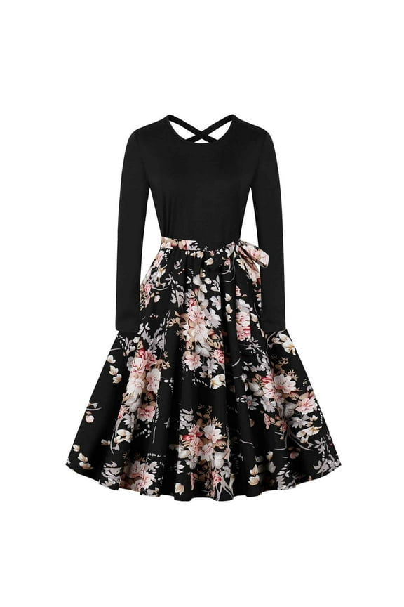 1950s Style Cocktail Dresses for Women Casual Long Sleeve Criss Cross Dress Elegant Floral Print Rockabilly Dresses with Drawstring Beige S