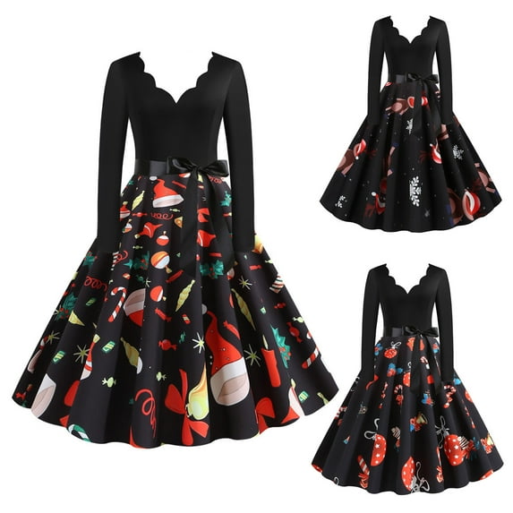 Jinhomg 1950s Style Cocktail Dresses for Women Christmas Long Sleeve Patchwork Dress Cute Xmas Print Rockabilly Dresses with Drawstring Orange S