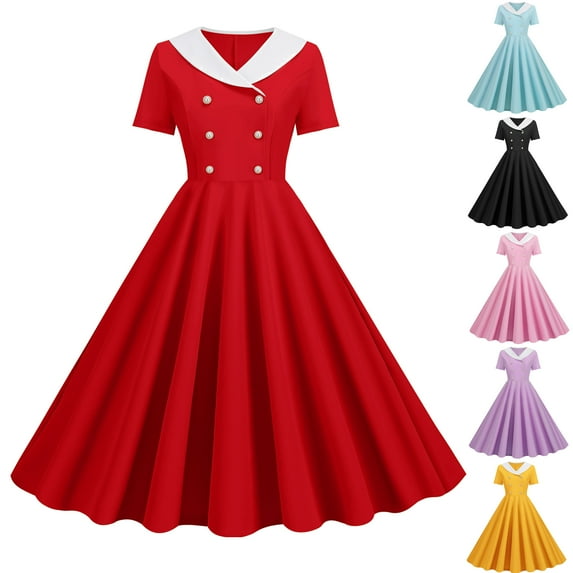 Jinhomg 1950s Swing Dresses for Women Vintage Double Breasted Lapel Collar Midi Dress Dressy Casual Short Sleeve Tunic Dress Daily Wear Spring Saving Today Black XL