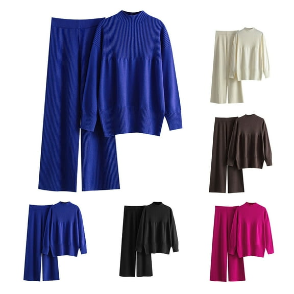 Jinhomg 2 Piece Fall Sweater Set for Women Thermal Cozy Lounge Sets Oversized Long Sleeve Mock Neck Knit Tops and Wide Leg Pant Hot Pink Free Size