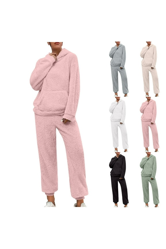2 Piece Lounge Sets for Women Fuzzy Fleece Pajama Set Winter Cozy Loungewear Pocket Pullover Hoodie Jogger Sweatpants Warm Sweatsuit Sets Beige XXXXL