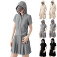 thumbnail image 1 of Jinhomg 2 Piece Outfits for Women Casual Short Sleeve Drawstring Hoodies with Flowy Pleated Shorts 2025 Trendy Teen Girl Going Out Wear Beige XL, 1 of 6