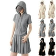 thumbnail image 1 of Jinhomg 2 Piece Outfits for Women Casual Short Sleeve Drawstring Hoodies with Flowy Pleated Shorts 2025 Trendy Teen Girl Going Out Wear Black L, 1 of 6