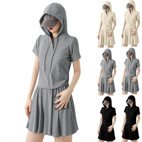 Jinhomg 2 Piece Outfits for Women Casual Short Sleeve Drawstring Hoodies with Flowy Pleated Shorts 2025 Trendy Teen Girl Going Out Wear Black L