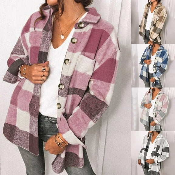 Jinhomg 2025 Flannel Shacket for Women Casual Loose Long Sleeve Button Down Brushed Coats Fall Winter Comfy Lapel Collared Shirt Jackets Khaki S