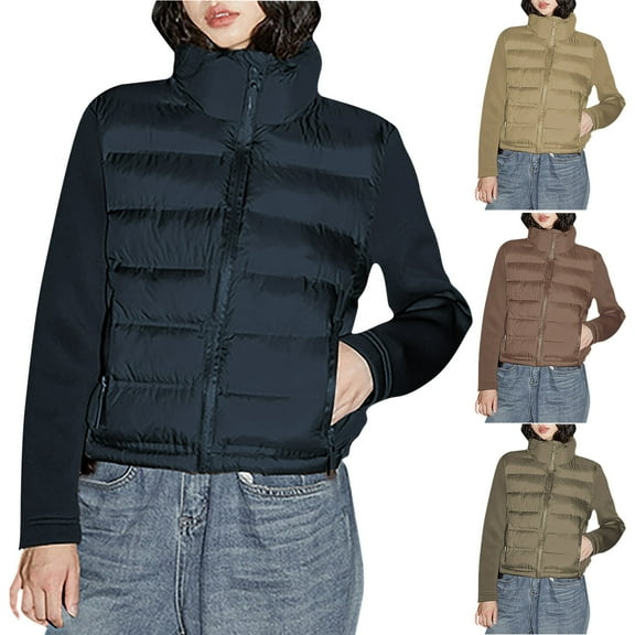 Jinhomg 2026 Puffer Coat for Women Trendy Patchwork Long Sleeve Quilted Jacket Lightweight Comfy Stand Collar Full-Zip Down Coat with Pockets Khaki L