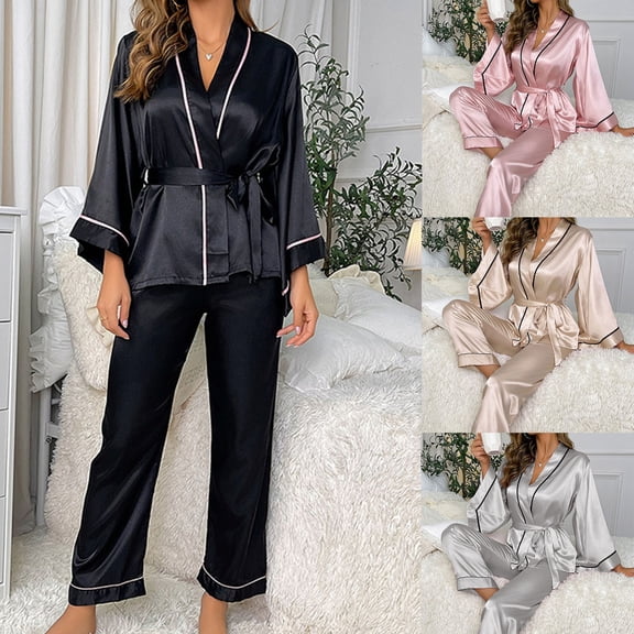 Jinhomg 2025 Satin Pajamas Sets for Women 2 Piece Comfy Nightwear Outfits Casual Long Sleeve Open Front Cardigan and Straight Leg Pants Spring Saving Black S