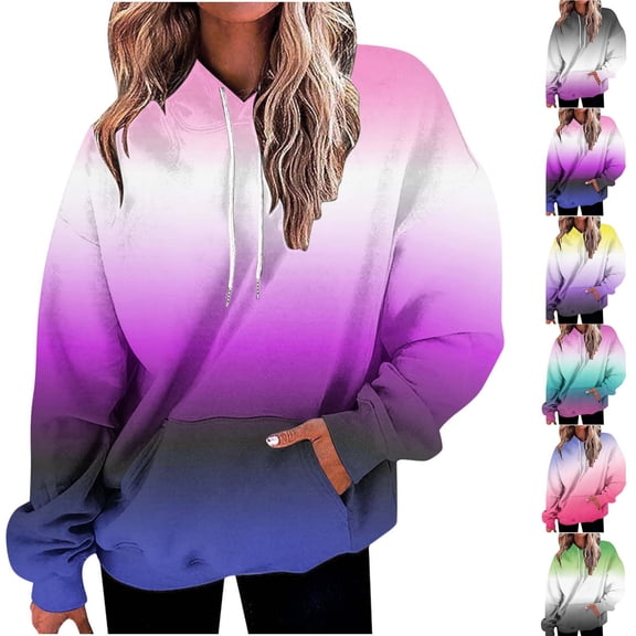 Jinhomg 2026 Trendy Hoodie for Women Plus Size Gradient Color Pullover Tops Fall Casual Comfy Long Sleeve Hooded Sweatshirt with Kangaroo Pocket Yellow S