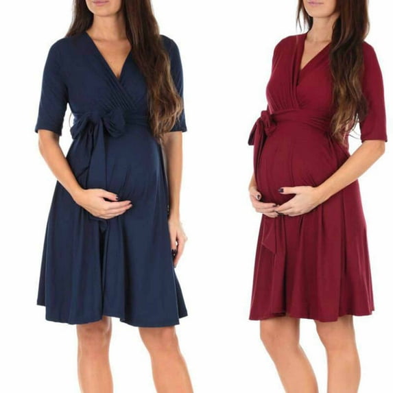 Jinhomg 2025 Casual Maternity Dress for Women Fall Comfy Mid Sleeve V Neck Dress Swing Solid Color Midi Pregnancy Dress Summer Saving Wine L