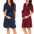 thumbnail image 1 of Jinhomg 2025 Casual Maternity Dress for Women Fall Comfy Mid Sleeve V Neck Dress Swing Solid Color Midi Pregnancy Dress Summer Saving Wine XL, 1 of 4