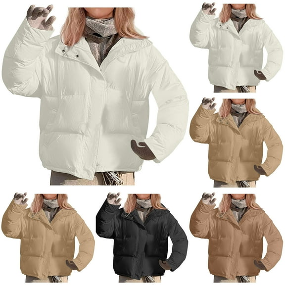 Jinhomg 2025 Down Coat for Women Fall Winter Warm Double Closure Stand Collar Puffer Jacket Casual Comfy Long Sleeve Solid Outerwear with Pockets Clearance Items for Women Khaki L