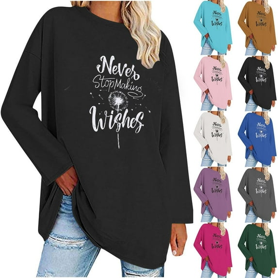 Jinhomg 2025 Fall Casual Sweatshirt for Women Trendy Long Sleeve Dandelion Letter Print Tops Oversized Cozy Round Neck T-Shirts Spring Saving Today White M
