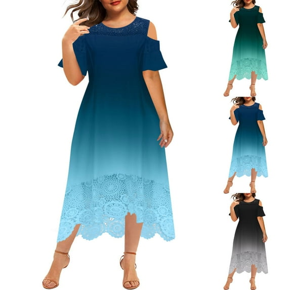 Jinhomg 2025 Fashion Dresses for Women Casual Cold Shoulder Floral Lace Hem Dress Plus Size Comfy Maxi Cocktail Party Dress Elegant Evening Night Out Green XL
