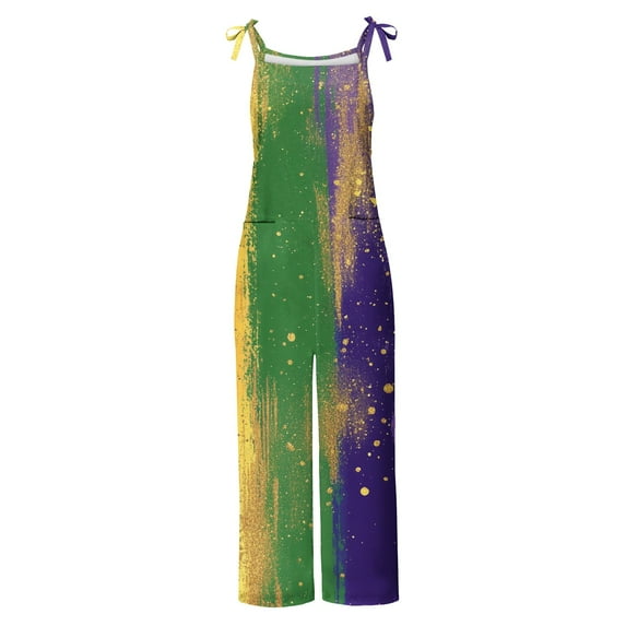 Jinhomg 2025 Mardi Gras Jumpsuits for Girls, Women's Casual Sleeveless Jumpsuit Spaghetti Strap Holiday Graphic Printed Overalls with Pockets Fall Saving Multicolor XL