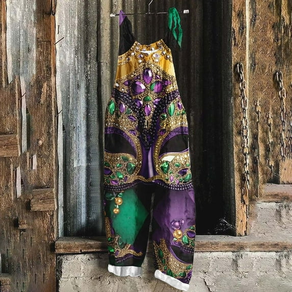 Jinhomg 2025 Mardi Gras Jumpsuits for Girls, Women's Casual Sleeveless Jumpsuit Spaghetti Strap Holiday Graphic Printed Overalls with Pockets Lighten 90 off Clearance Sale Multicolor XXXXXL