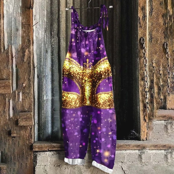 Jinhomg Mardi Gras Jumpsuits for Girls, Women's Casual Sleeveless Jumpsuit Spaghetti Strap Holiday Graphic Printed Overalls with Pockets Multicolor S