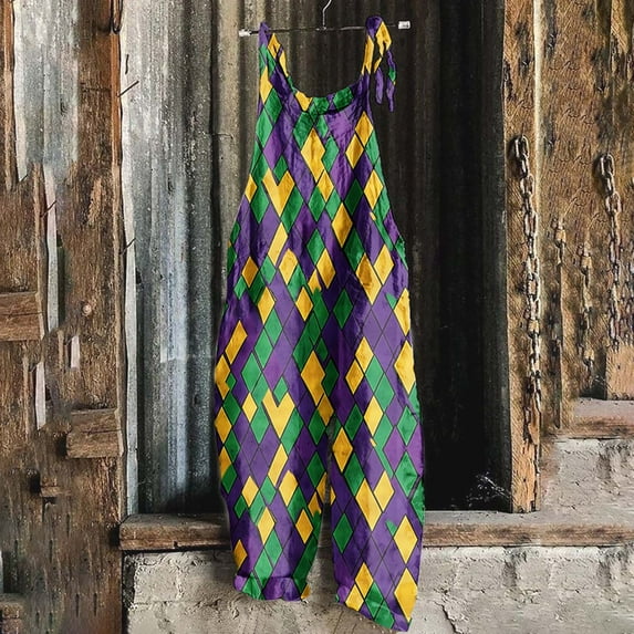 Jinhomg 2025 Mardi Gras Jumpsuits for Women Funny Mask Graphic Bib Overalls Funny New Orleans Carnival Party Rompers with Pockets Multicolor M