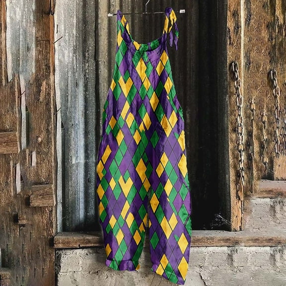 Jinhomg 2025 Mardi Gras Jumpsuits for Women Funny Mask Graphic Bib Overalls Funny New Orleans Carnival Party Rompers with Pockets Multicolor M