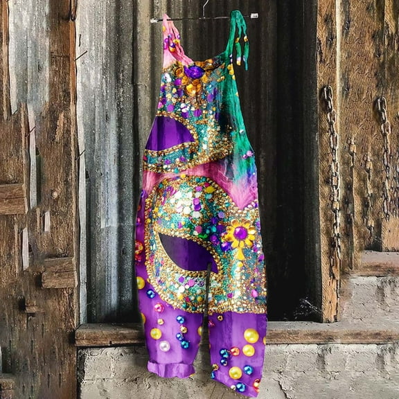 Jinhomg 2025 Mardi Gras Jumpsuits for Women Funny Mask Graphic Bib Overalls Funny New Orleans Carnival Party Rompers with Pockets Sales Today Clearance Women Multicolor XXL