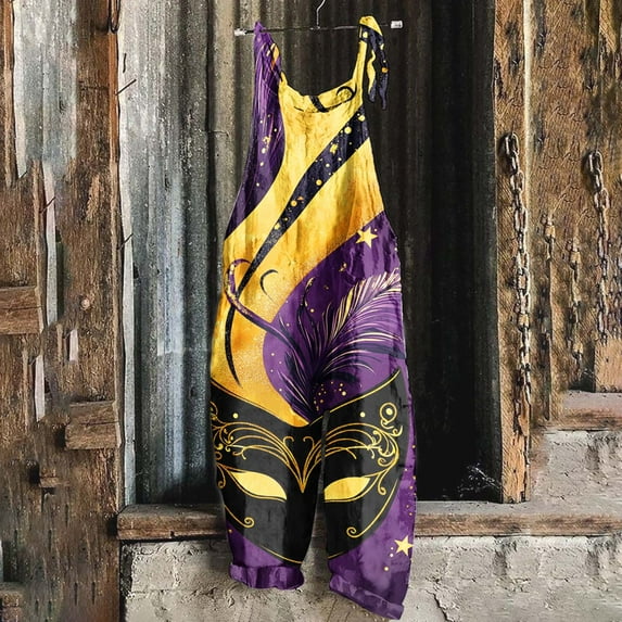 Jinhomg 2025 Mardi Gras Jumpsuits for Women Funny Mask Graphic Bib Overalls Funny New Orleans Carnival Party Rompers with Pockets Winter Saving Multicolor M