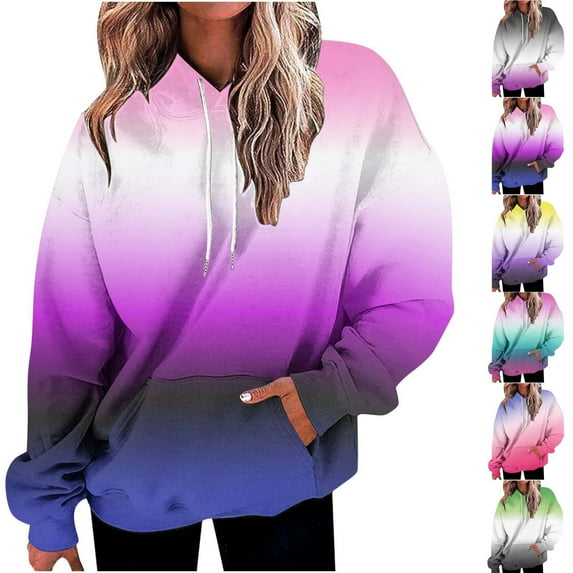 Jinhomg 2025 Trendy Hoodie for Women Plus Size Gradient Color Pullover Tops Fall Casual Comfy Long Sleeve Hooded Sweatshirt with Kangaroo Pocket 2025 Saving Black M