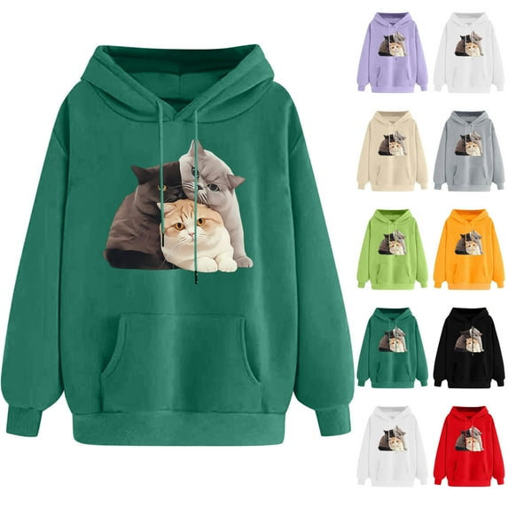Jinhomg 2025 Trendy Sweatshirt for Women Cute Cat Graphic Printed Hoodies Casual Comfy Long Sleeve Kangaroo Pocket Lounge Tops Summer Saving Purple S