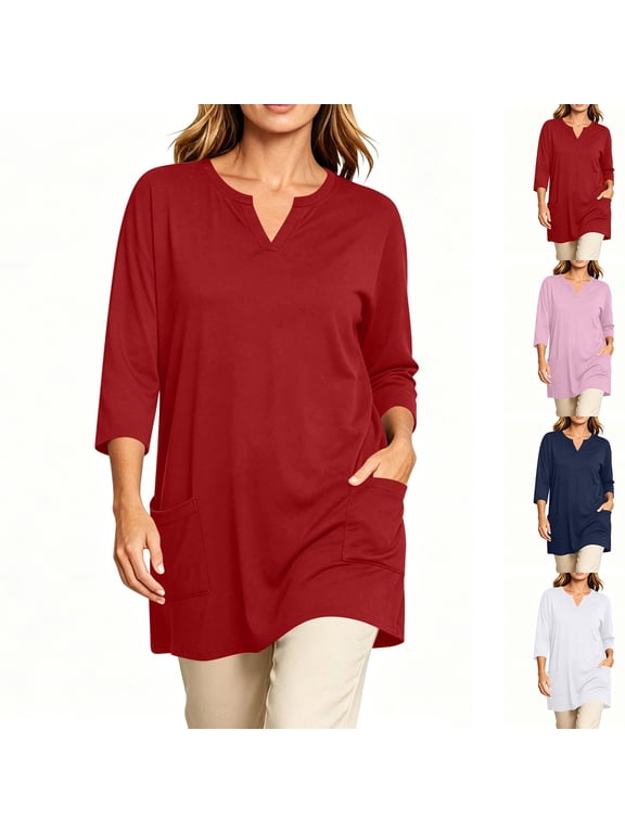 3/4 Length Sleeve Womens Tops Hide Belly Mom Shirts with Pockets Split V Neck Loose Comfy Tunics to Wear with Leggings for Elderly Women