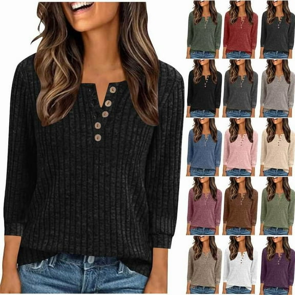 Jinhomg 3/4 Length Sleeve Womens Tops Ribbed Knit Henley Shirts Dressy Casual V Neck Blouses Rebajas de hoy Coffee L