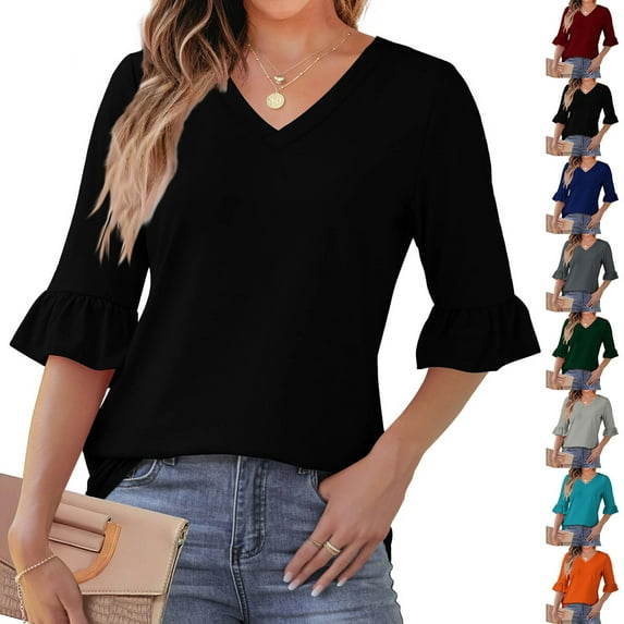 Jinhomg 3/4 Length Sleeves Womens Tops, Dressy Casual Solid Blouses Tops 2025 Trendy Ruffle 3/4 Sleeve Spring Summer Shirts Business Work Clothes Red XXL