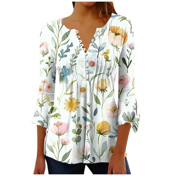 Jinhomg 3/4 Sleeve Button Down Blouses for Women Casual Bell Sleeve V Neck Tunic T Shirts Elegant Vintage Boho Floral Blouse White L