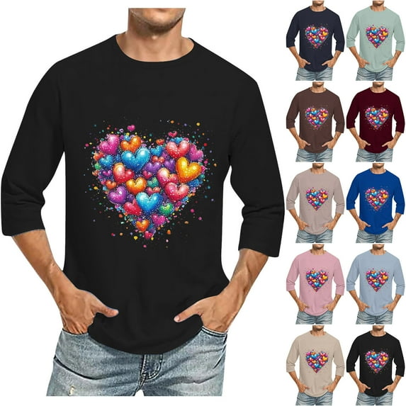 Jinhomg 3/4 Sleeve Holiday Tops for Men Casual Valentines Love Heart Print T-Shirts Big and Tall Crew Neck Spring Summer Tees 2025 Dating Tops Fall Saving Navy XXL
