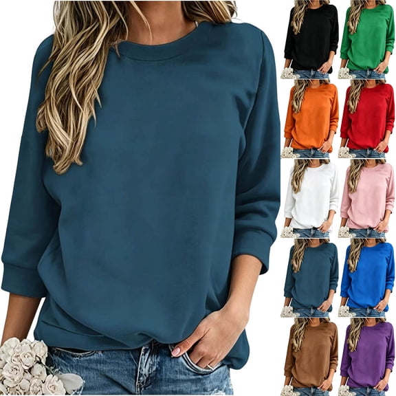 Jinhomg 3/4 Sleeve Sweatshirts for Women Solid Color Crewneck Casual Tops Loose Fit Basic Pullover Sweatshirts Fall Winter Clothes Pink,L