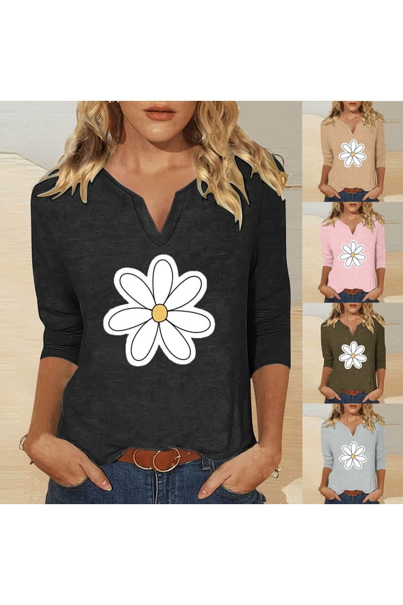 3/4 Sleeve T Shirt for Women Fall Cute Floral Printed Tops Loose Comfy V Neck Tunic Pullovers Fall Saving Pink XXL