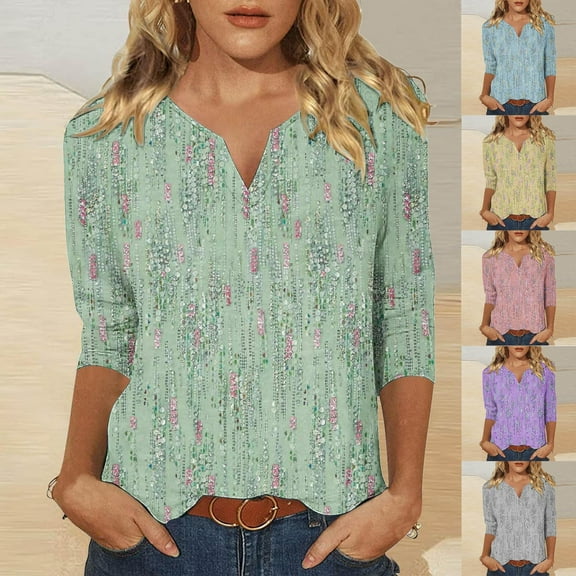Jinhomg 3/4 Sleeve T-Shirts for Women Retro Boho Floral Printed Tees Fall Winter Casual Comfy Tshirt Green S