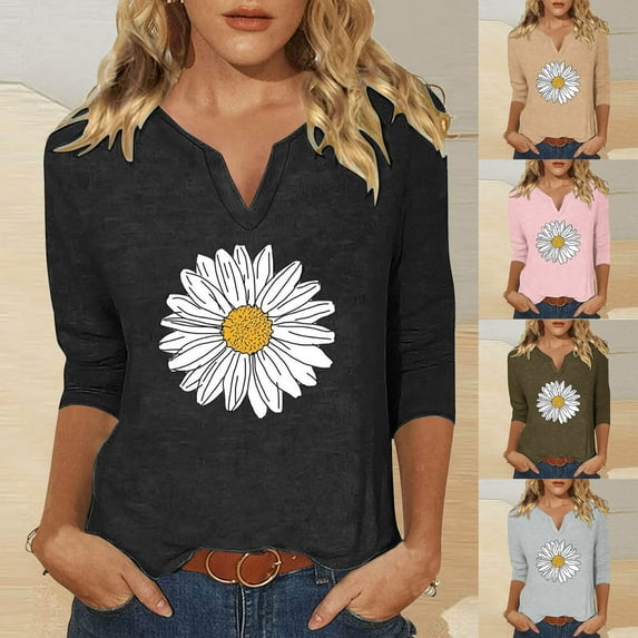 Jinhomg 3/4 length sleeve womens t shirt cute floral graphic tunics fall loose cozy vneck pullover tops 90% off Clearance Sale Khaki S