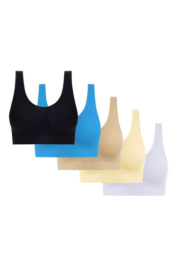 5 Pack Women Seamless Wirefree Sport Bras Comfortable Wireless T-Shirts Bras Lightly Lined No Underwire Push Up Bra Black,Sky Blue,Beige,Khaki,White XXXXL