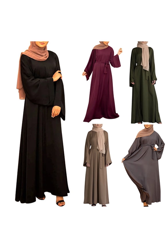 Abaya Kaftan Dresses for Women Dubai Full Cover Ethnic Eid Muslim Dress Elegant Long Sleeve Belted Pleated Maxi Dress Prime Big Deal Days Scale Black M