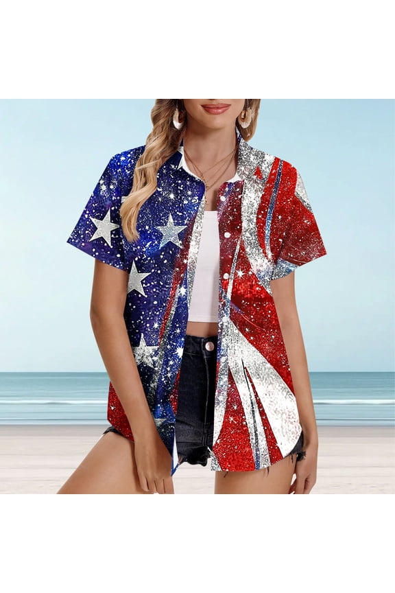 American Flag Shirt Women 4Th of July Patriotic Cardigans Casual Loose Button Up Blouse Tops USA Flag Red White Blue Hawaiian Shirts Red M