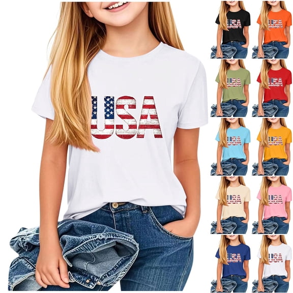 Jinhomg American Flag Shirts for Kids Casual Short Sleeve Crew Neck Tees USA Patriotic Summer Tops Boys Girls 4Th of July Gifts Dark Blue 130