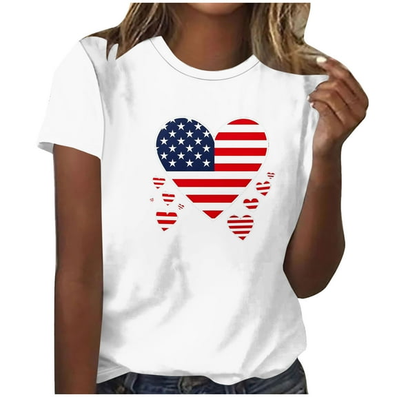 Jinhomg American Flag T-Shirt for Women Casual Short Sleeve Summer Tops 4Th of July Patriotic Graphic Tees Independence Day Parade Streets Shirt White L